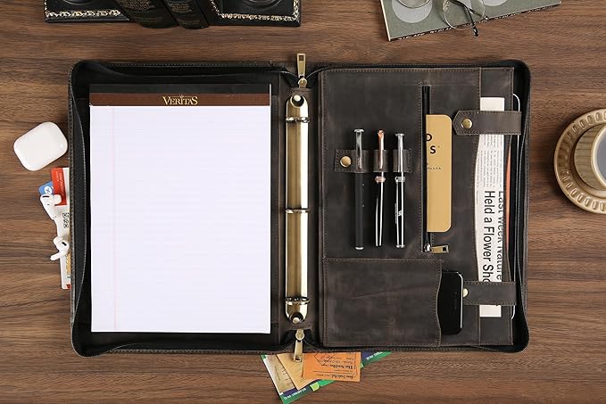 Portfolio Binder 3 Ring, Leather Binder Portfolio Folder for Left-Handed, Zippered Portfolio Padfolio Binder for Women, Leather Portfolio Organizer for Men (Grey, Custom)