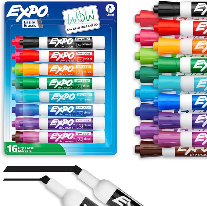 EXPO Dry Erase Markers, Low Odor Ink, Assorted Colors, Chisel Tip, 16 Count