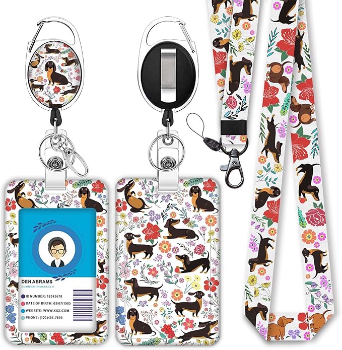 Cute Dachshund Badge Reels Retractable with Carabiner Reel Clip, ID Badge Holder Case with Detachable Lanyard Keychain, Nurse Doctor Office School Teacher Name Credit Card Pocket