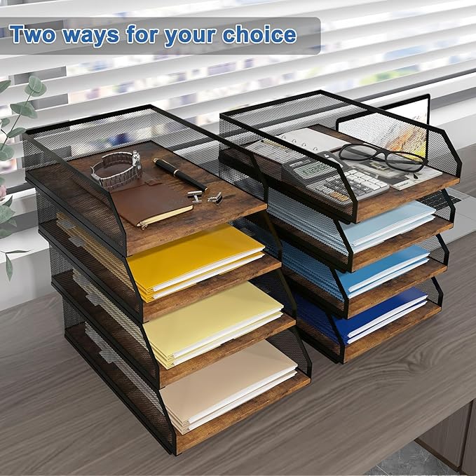 Natwind 4-Tier Stackable Paper Tray, Metal Mesh Desktop Organizer, Wood Board Paper Sorter, Letter Trays,File Document Storage Rack for for Home, Office, School (Retro)