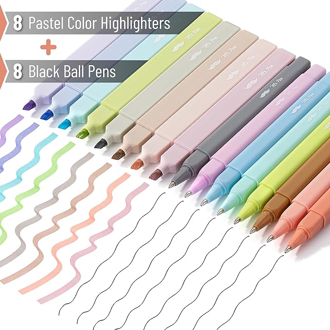 Mr. Pen- Aesthetic Highlighters and Pens, 16 Pack, Black Ink, Pastel Color Highlighters, No Bleed Bible Pens