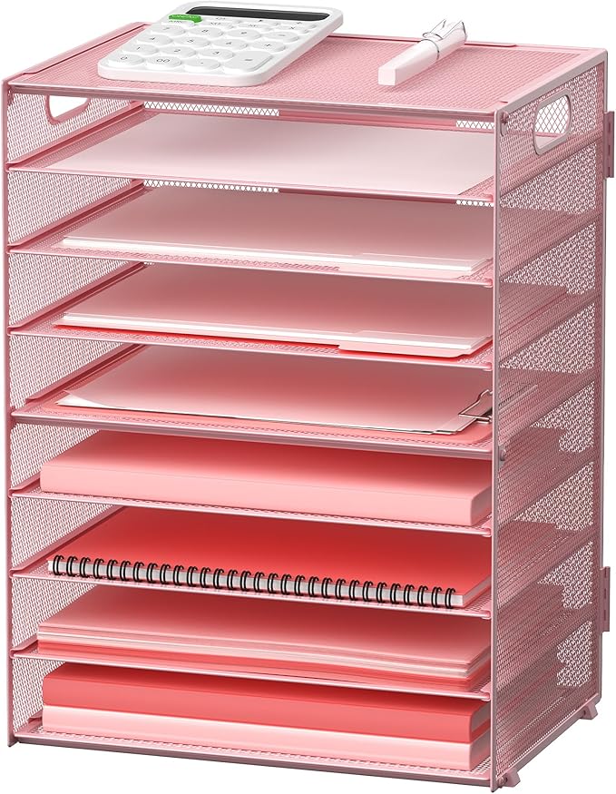 9-Tier Paper Organizer Letter Tray with Handle, Mesh File Organizer Paper Sorter Holder, Desk Organizer for Office Home School, Pink