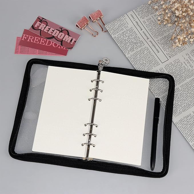 Multibey A5 Binder Cover Clear Soft PVC 6-Ring Binder Budget Evelopes System with Zipper Planner Organizer Refillable Notebook Journal Binder (Black, A6)