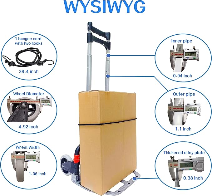 Folding Hand Truck with 2 Silent TPR Wheels, 165lbs Capacity Lightweight Portable Folding Dolly Multi-fuctional Foldable Hand Cart Heavy Duty Utility Cart for Home Office and Travel Use