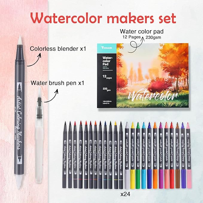 Watercolor Pens Set, 24-Color Dual Tip Paint Markers, Water-Based Coloring Markers with 1 Aquapen, 1 Colorless Blender, and 12-Page Pad, Art Supplies for Artists & Beginners