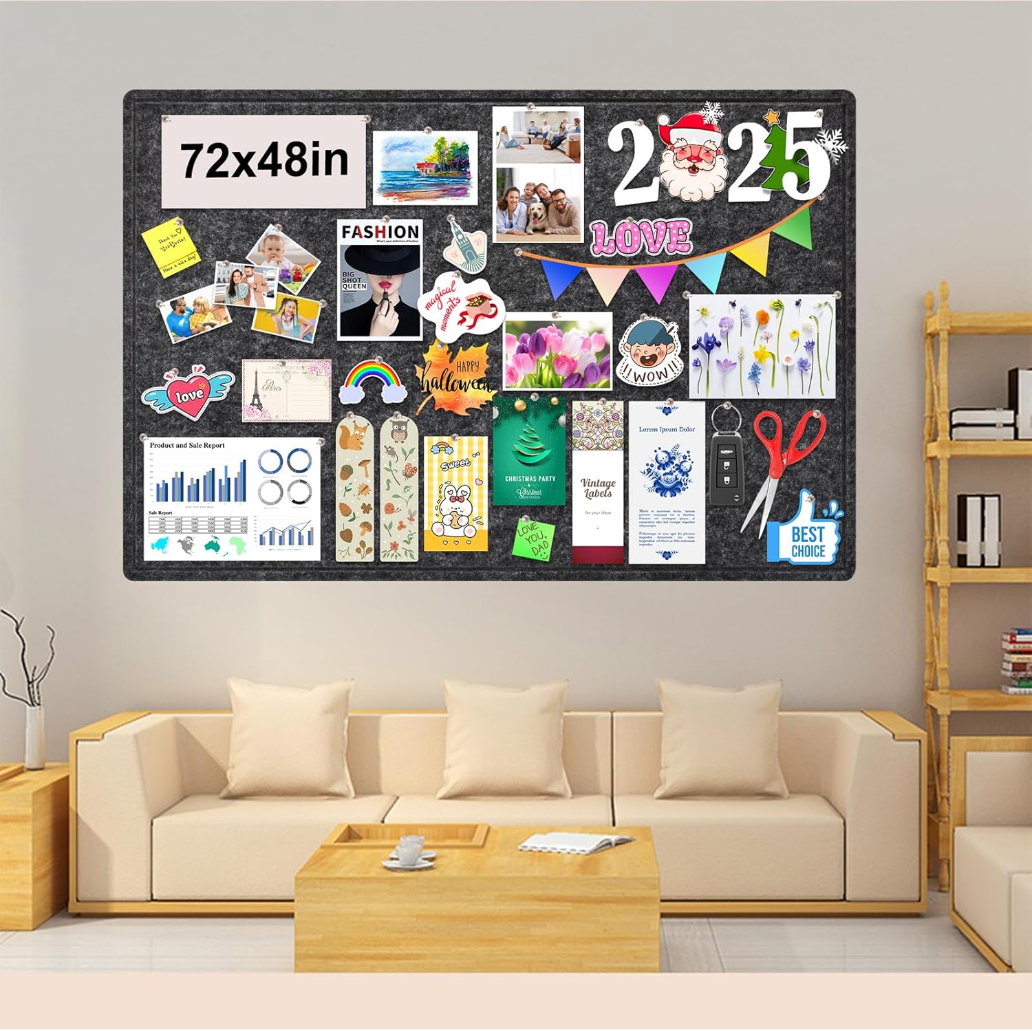 Large Bulletin Board, Foldable 72x48 Inches Cork Board Alternative, Large Felt Board Decorative Pin Board for Wall, Foldable Photo Board Self-Adhesive Vision Board with 36 Pushpins Dark Gray