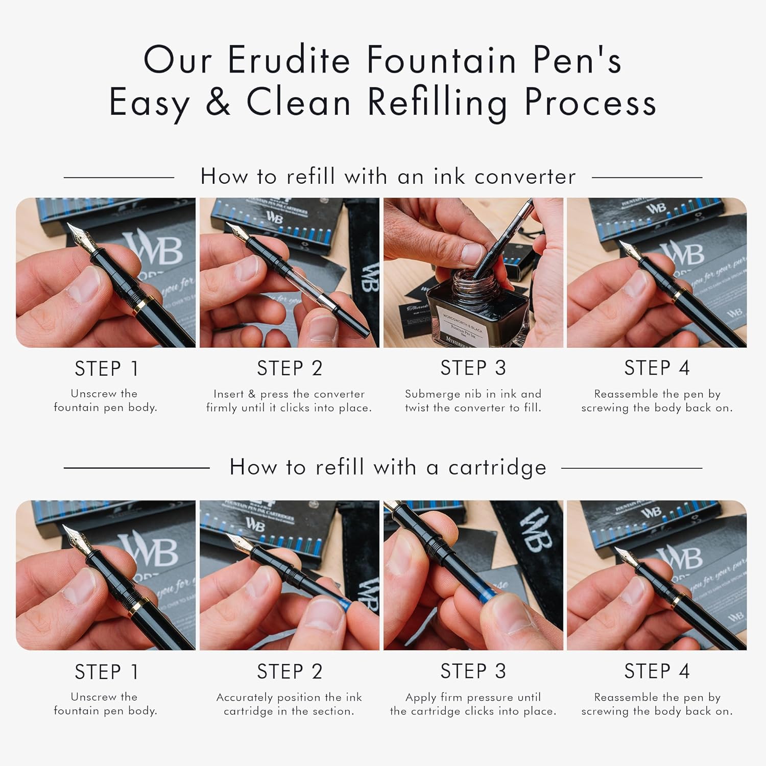 Wordsworth & Black Fountain Pen Set, 18K Gilded Medium Nib, Includes 24 Pack Ink Cartridges, Ink Refill Converter & Gift Pouch, Gold Finish, Calligraphy, [Black Gold], Perfect for Men & Women