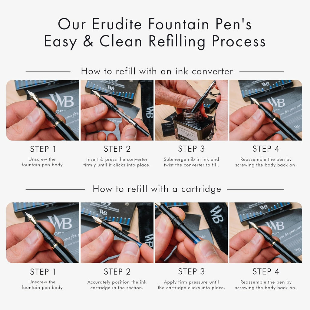 Wordsworth & Black Fountain Pen Set, 18K Gilded Extra Fine Nib, Includes 24 Pack Ink Cartridges, Ink Refill Converter & Gift Pouch, Gold Finish, Calligraphy, [Black Gold], Perfect for Men & Women