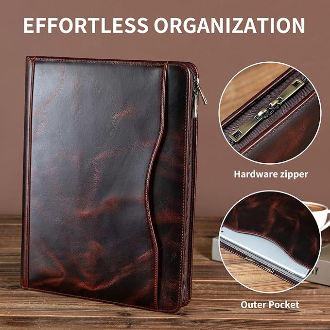YIWEN Handmade Crazy-Horse Leather 3 Ring Binder Portfolio Padfolio Folder with Zipper for Men and Women, Business Organizer for Letter A4 Size for Meeting and Travel (Custom, Oil Wax-Dark Brown)