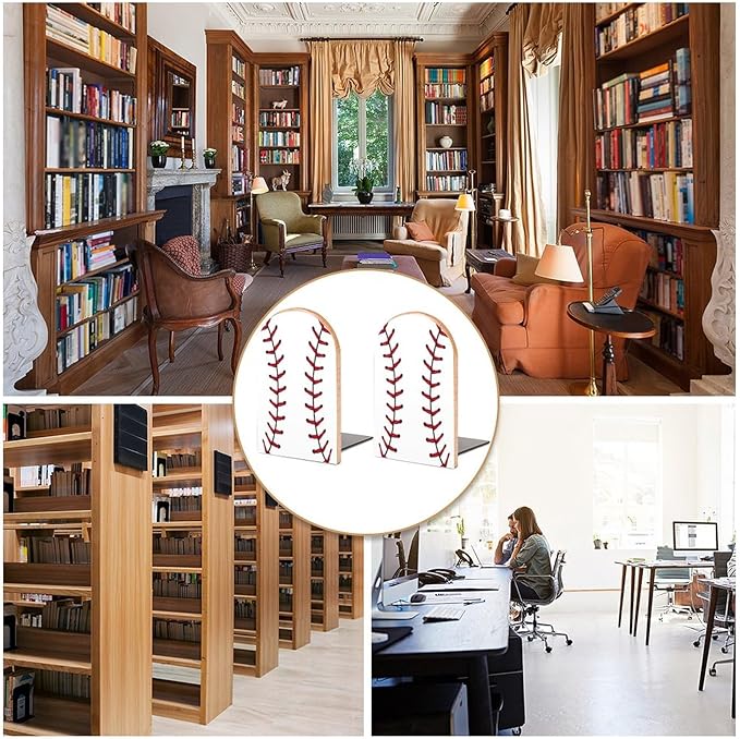 2 Pack Wood Bookends, Sport Baseball Stitches Non-Skid Book Ends for Heave Books, Decorative Bookends for Shelves Desk, Book Stoppers Book Holders for Home Office Library School