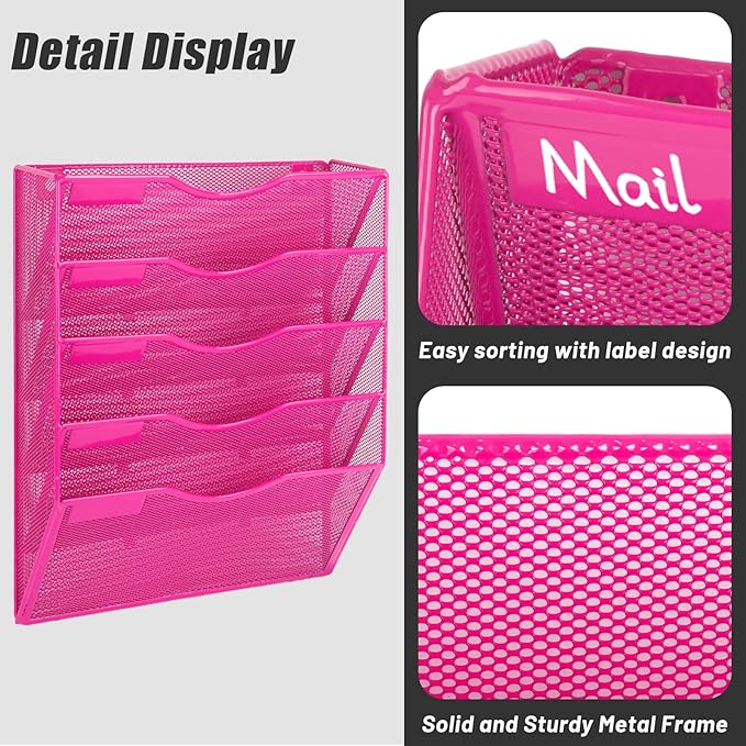 EASEPRES 5 Pocket Mesh Hanging Wall File Organizer, Wall Mounted Mail Paper Document Folder Holder, Clipboard Storage Organization Magazine Rack with Nametag Label for Office Home School, Rose Red