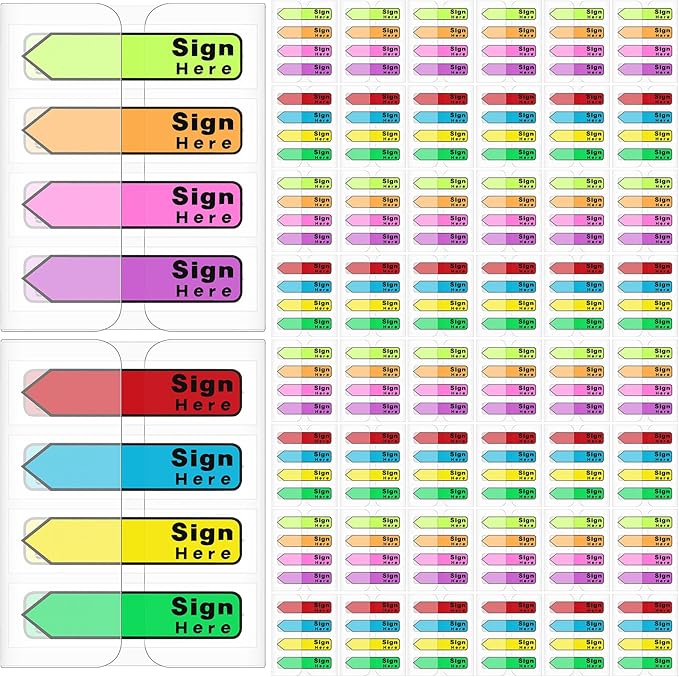 Tatuo 4800 Pcs Sign Here Tabs Colored Flag Stickers 8 Colors with Dispenser Arrow Flag Easy to Post for Notary Books Paper (Sign Here Style)