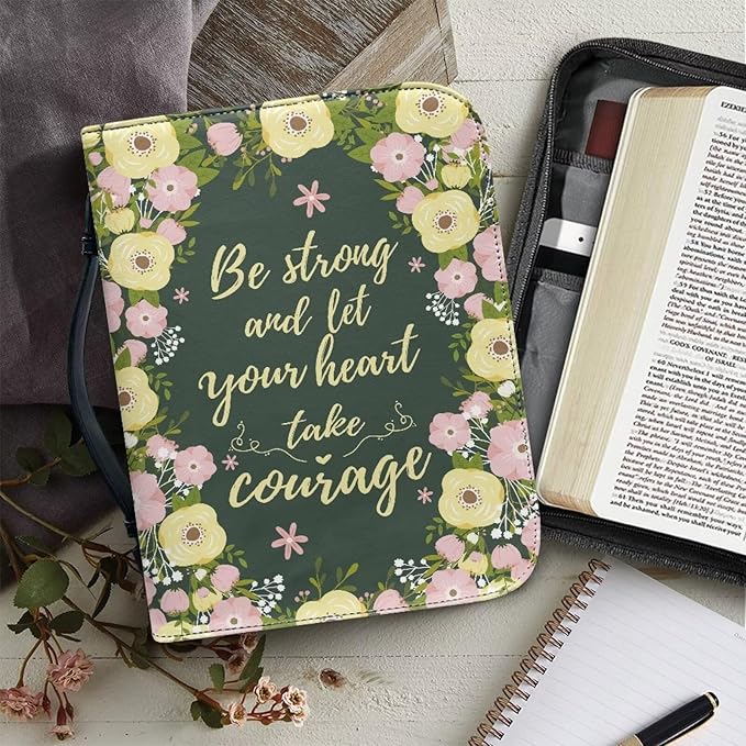 Lotusorchid Floral Bible Book Cover Case with Handle Pocket, Portable Bible Cover Case with Pen Storage, Sturdy PU Bible Tote Bag with Verse for Women Girls, Bible Accessories, Green,M