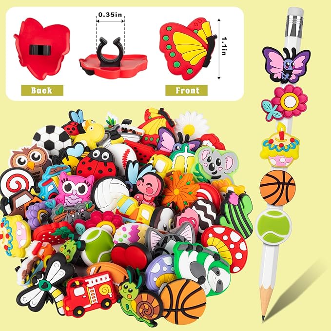 WDAHDHP Pencil Clip Topper, 50 Pcs Different Pencil Topper Decoration, Cute Pencil Charms for Kids Students School Gifts Classroom Rewards