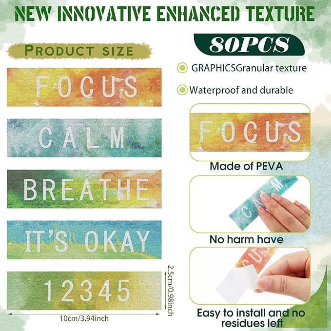 Crtiin 80 Pcs Anxiety Sensory Stickers with Inspirational Quotes Calm Textured Strips Relief Mental Health Stickers School Office Adhesive Sensory Tape Anti Stress Toys for Adults Teens (Dazzling)