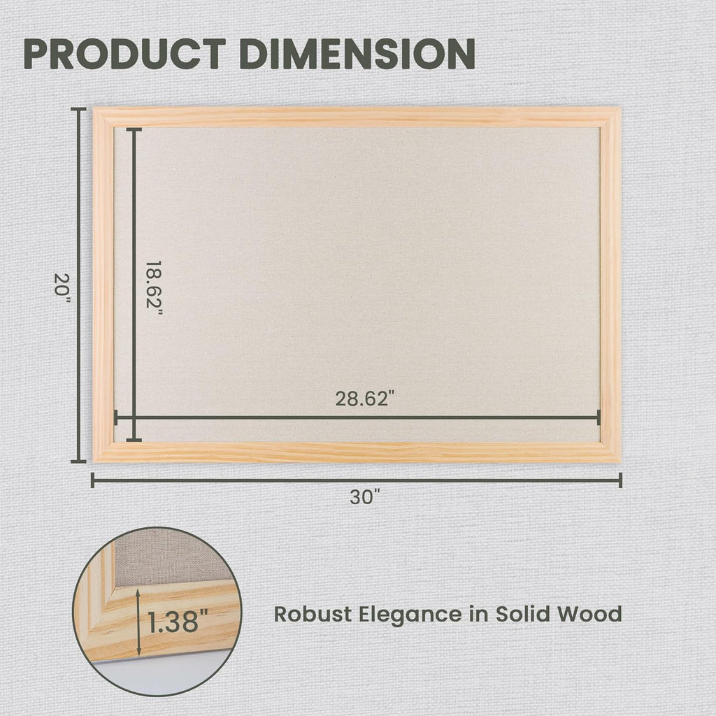Bulletin Board Cork Board with Linen, 100% Wood Framed 24" x 36" Bulletin Board Decorations, Pin Boards for Walls, Wall Mounted Fabric Picture Board with 10 Pushpins for School, Home & Office, Natural