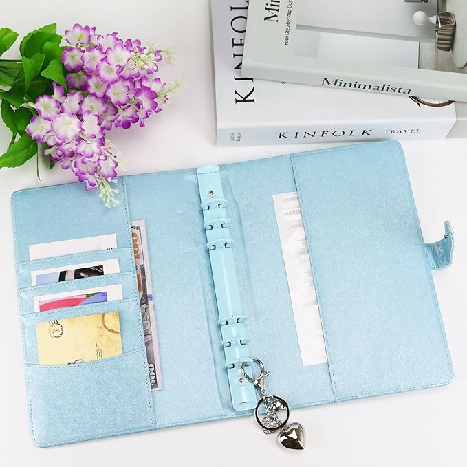 A5 PU Leather Cotton-Padded Binder 6-Ring Notebook Binder Cover with Gold Keychain for A5 Filler Paper, Refillable A5 Personal Planner Budget Binder with Magnetic Buckle Closure (Light Blue, A5)