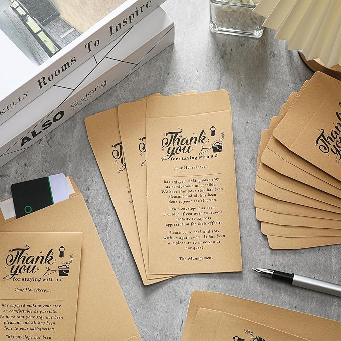 Eersida 500 Pcs Kraft Housekeeping Tip Envelopes Bulk Thank You Envelopes 3.5 x 6.5 Inch Self Adhesive Kraft Paper Seed Envelopes for Cash Coin Money Gratuity Key Cards Saving Hotel Motel