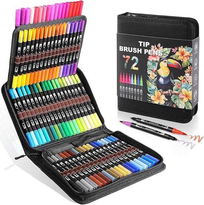 Double Brush Marker Pens, 72 Colors Art Markers Set with Fine Tip and Brush Tip for Kids Adult Coloring Book Hand Lettering Calligraphy Drawing Art Supplies Kit