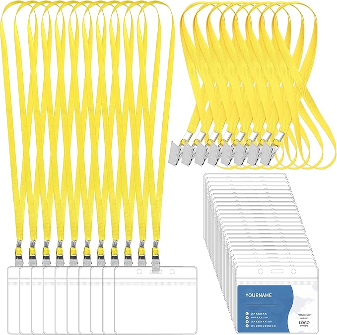 100 Pcs Lanyards for ID Badges and 100 Pcs Clear Name Tag Holders Reusable Lanyard with Clip Plastic ID Card Badge Holder Name Badges for Adults Kids Business School Office Supplies (Yellow)
