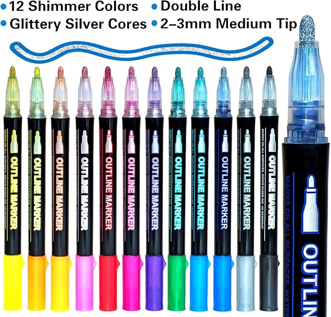Muchcute Shimmer Markers Outline Glitter Pens: 12 Easter Basket Essentials Stuffers Teen Girl Gifts Trendy Stuff Cute Arts Crafts Art Supplies Kids Ages 4 6 7 8 9 10 11 14 Year Old Tween Teenage Ideas