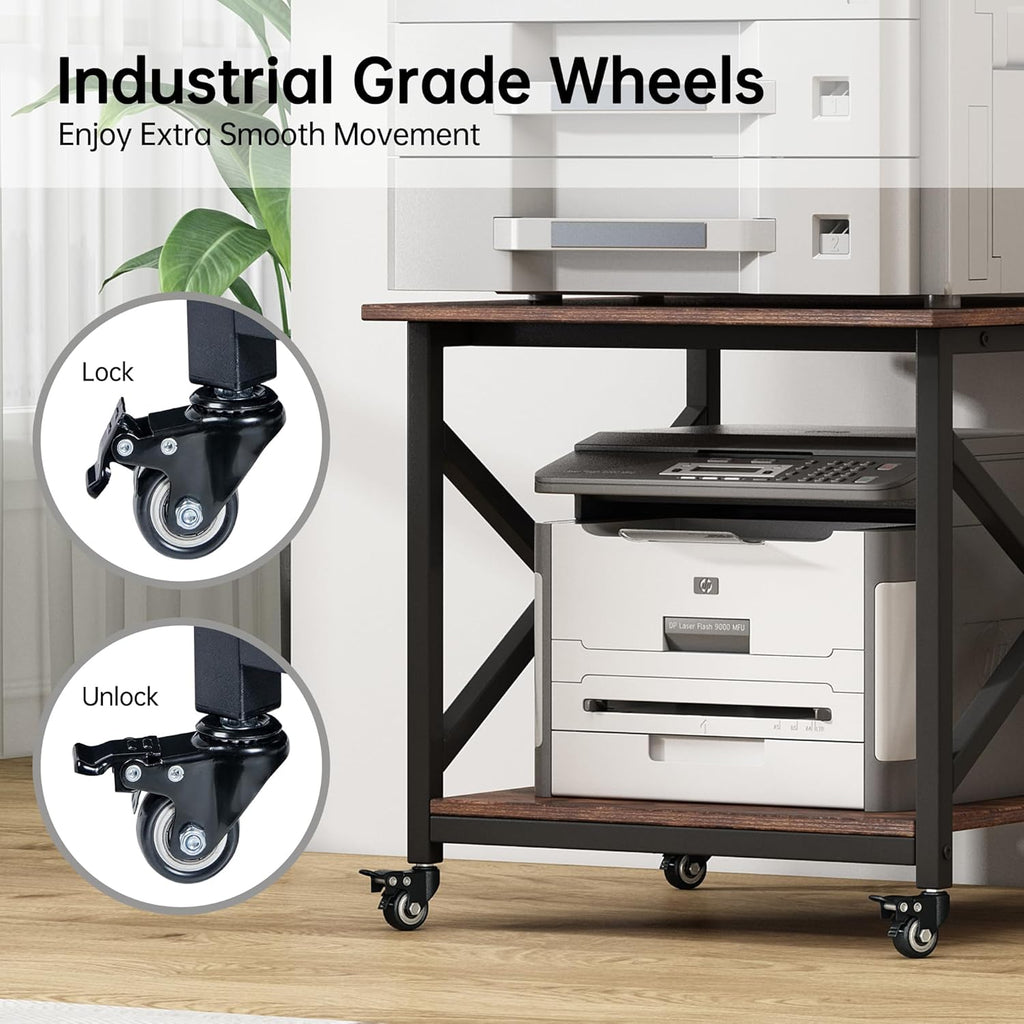 Large Printer Stand, 23.6 x 23.6 x 22.6 Inches Square Printer Table with Storage Shelf, 2 Tier Rolling Printer Cart with Industrial Wheels for Home Office - Rustic Brown