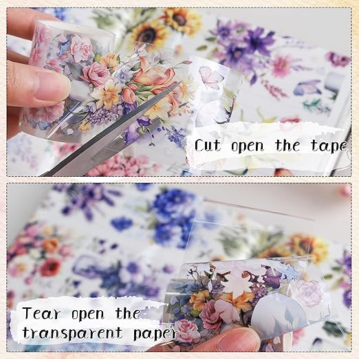 Journaling Scrapbook PET Tapes - Floral Scrapbooking Junk Journal Supplies, Flower Decorative Tapes for Art Crafts, Aesthetic Washi Tapes Scrapbooking Supplies, Floral Journaling Tapes