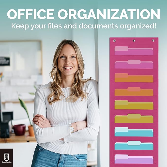 Hippo Creation Heavy Duty Storage Pocket Chart for Classroom, 10 Pocket Storage Organizer with 3 Over-Door Hangers, Hanging Wall Organizer for File Folders, School Mailbox, Home Office Papers - Pink