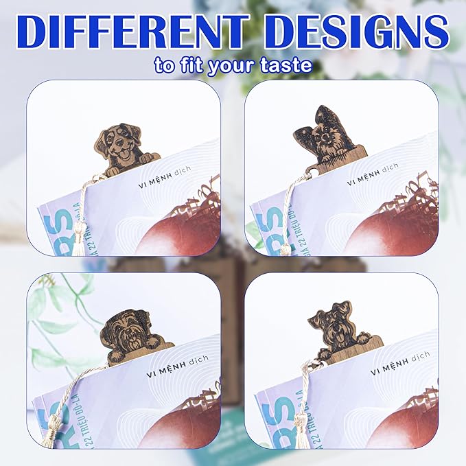 Dog Bookmark – Set of 4 Wooden Bookmarks with Tassels, Made from Walnut Wood,Funny Bookmark Gift for Men and Women, Novelty Gag Bookmark for Book Lovers,Christmas Stocking Stuffer