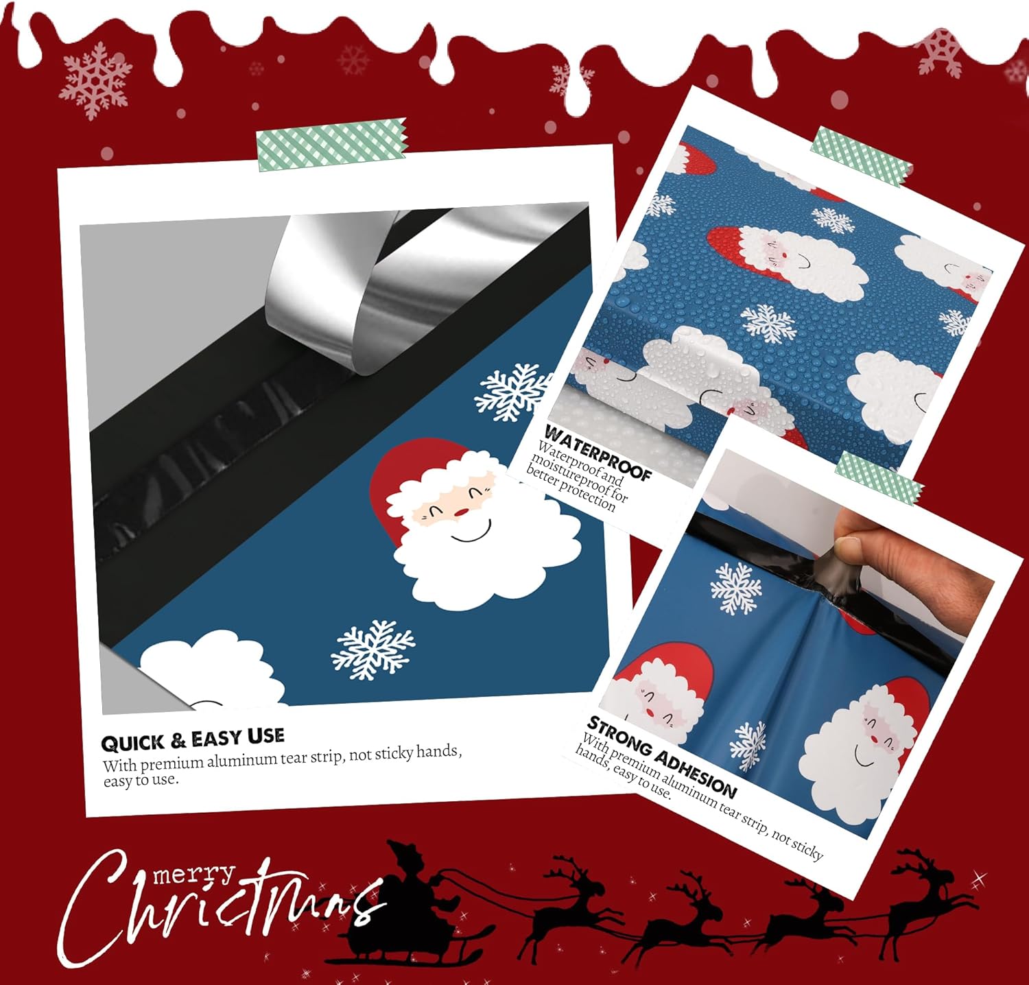 Christmas Poly Mailer - 12x15.5 Inch, 50 Pcs Waterproof Shipping Bags for Clothing, Tear-Resistant, Strong Mailing Bags with Self-Seal - Santa Claus and Snowflakes Printed