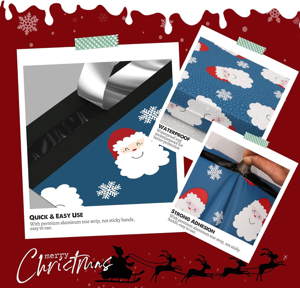Christmas Poly Mailer 6x9 Inch 100 Pcs, Waterproof Shipping Bags for Clothing, Tear-Resistant Mailier Bags, Strong Mailing Bags with Self-Seal - Santa Claus and Snowflakes Printed