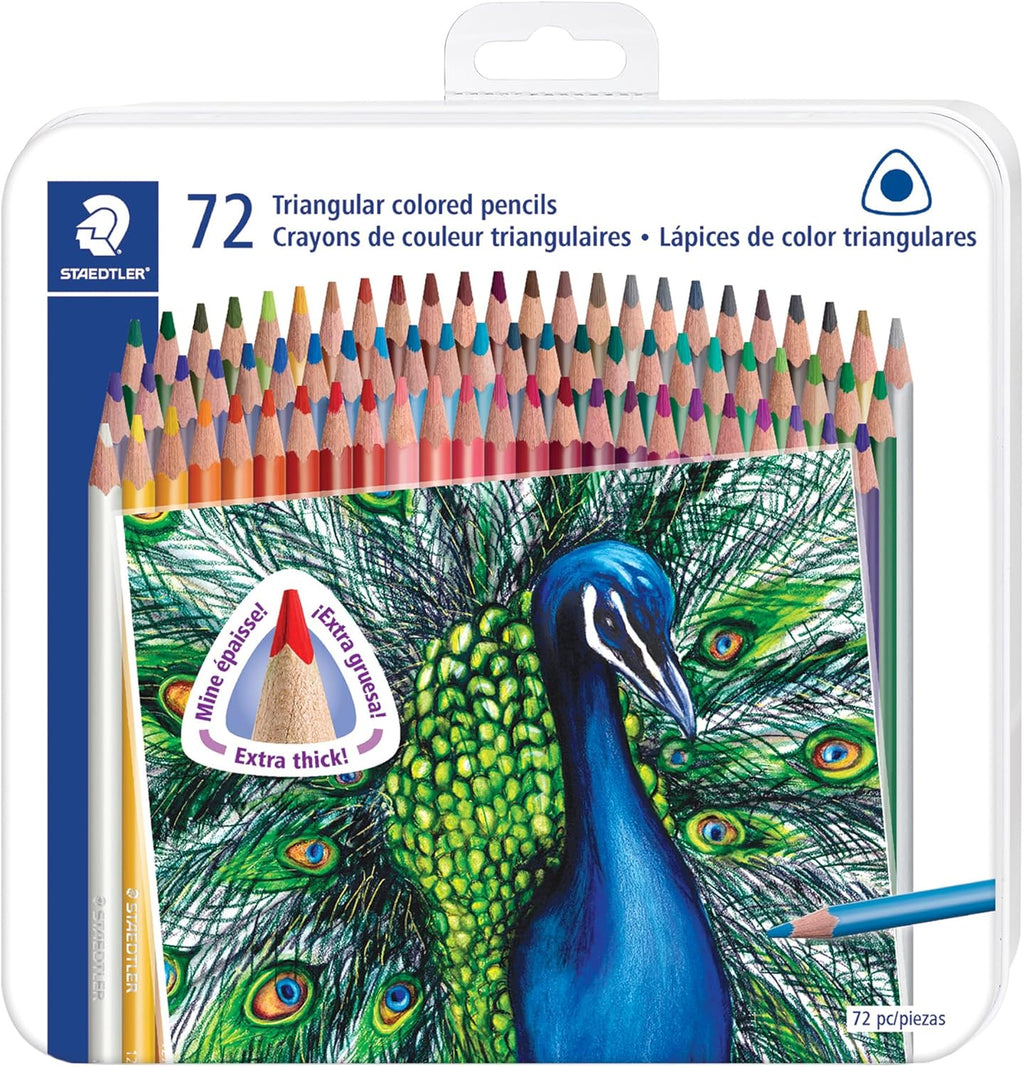 STAEDTLER Colored Pencils Set (72-Pack) - Ergonomic Triangular Barrel, Smooth 4mm Lines, Wood - 72 Vibrant Colors in Tin, for Artists & Students
