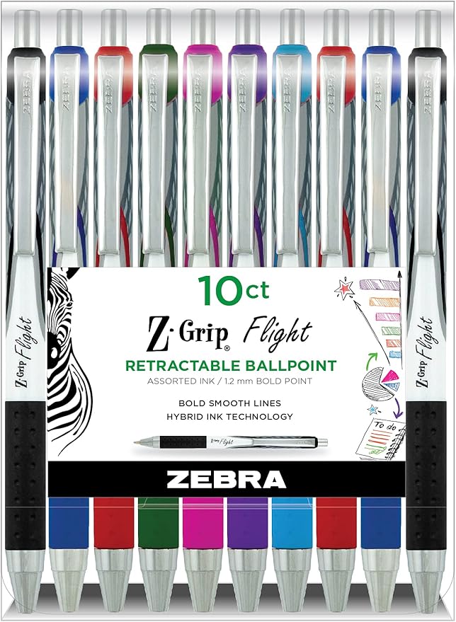 Zebra Pen Z-Grip Flight Retractable Ballpoint Pen, Bold Point, 1.2mm, Assorted Color Ink, 10-Pack (21901)