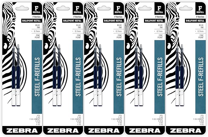 Zebra Pen F-Series Ballpoint Stainless Steel Pen Refill, Fine Point, 0.7mm, Blue Ink, 10-Pack,50071 - (Case of 12, 120 Count Total)