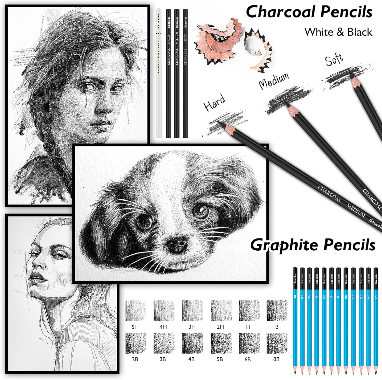 Soucolor 76 Pack Drawing Set Sketching Pencils Kit with 3-Color Sketch Book, Watercolor Pad, Coloring Book, Colored, Graphite, Charcoal, Watercolor, Metallic Pencils for Artists Adults Teens Beginner