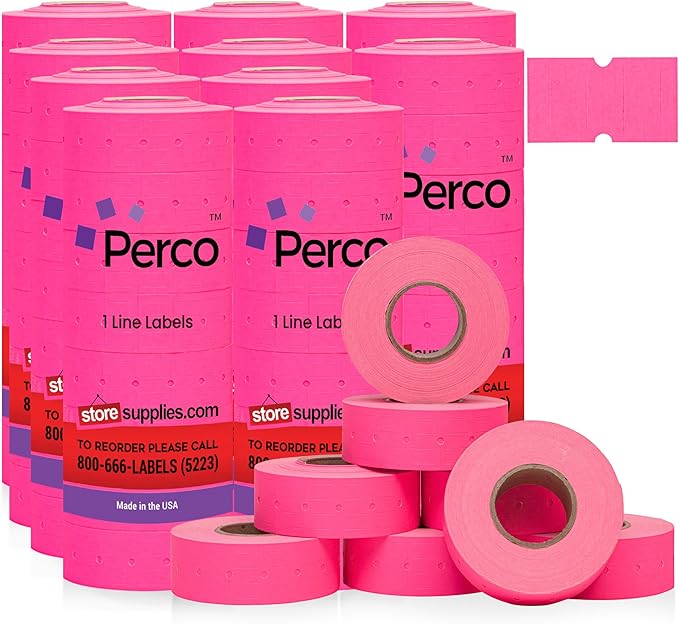 Perco 1 Line Fluorescent Pink Labels - 80 Rolls, 10 Sleeves, 80,000 Blank Price and Date Gun Labels for Perco 1 Line Price and Date Guns - Made in USA