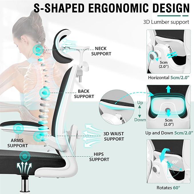 Drafting Chair, Tall Office Chair with 3D Lumbar & Head Support, Ergonomic Mesh Standing Desk Chair with Footring, Comfy Extended High Desk Chair with Flip-Up Arms & Hanger(White)