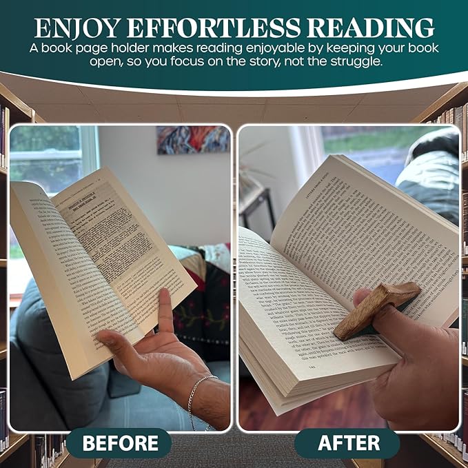Book Page Holder - Handcrafted Mango Wood & Green Resin Thumb Bookmark - Unique Reading Accessories & Gifts for Book Lovers, Readers & Bookworms (Brown/Green)