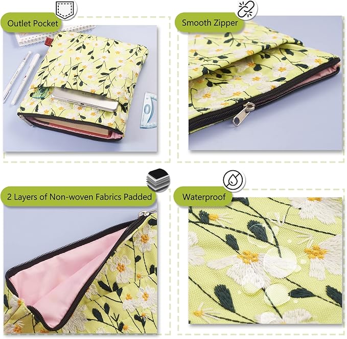 LParkin Daisy Flower Embroidery Book Sleeve with Zipper for Readers Protector Cover Gift for Book Lovers, 11x 8.5 Inch Washable Fabric, Daisy White(White)