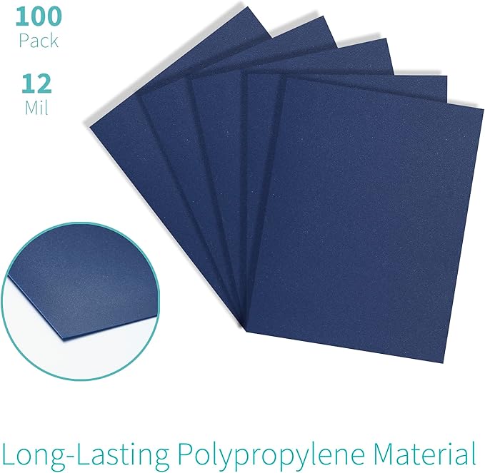 Binditek 100 Pack 12 Mil Sand-Textured Polycover, Midweight Binding Front and Back Covers, Lightly Textured Sand Finish, 8-1/2" x 11", Square Corners, Un-Punched, Navy, Office Supplies