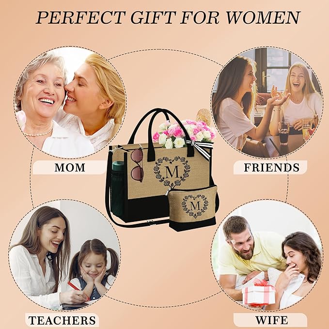 YOOLIFE Christmas Gifts for Women - Initial Jute Tote Bag & Makeup Bag, Birthday Gifts for Women Her Mom Teacher Friend