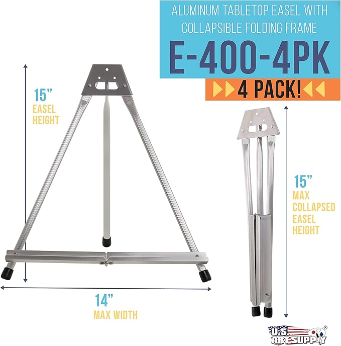 U.S. Art Supply 15" High Aluminum Tabletop Display Easel (Pack of 4) - Collapsible Folding Frame, Portable Artist Tripod Stand - Holds Canvas, Paintings, Books, Presentations, Photos, Pictures, Signs