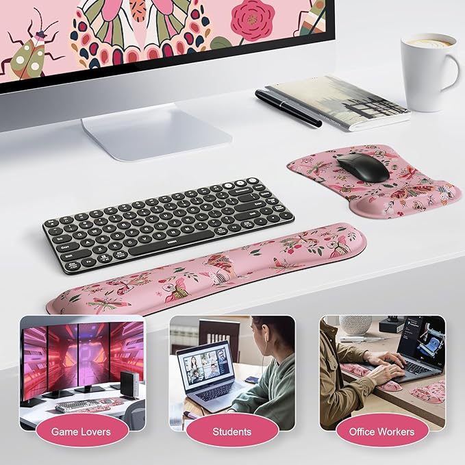 iCasso Ergonomic Mouse Pad with Wrist Rest, Keyboard Wrist Rest Mouse Wrist Rest, Made of Memory Foam, Easy Typing and Relieve Wrist Pain, Perfect for Computer Keyboard Office(Pink Butterfly)