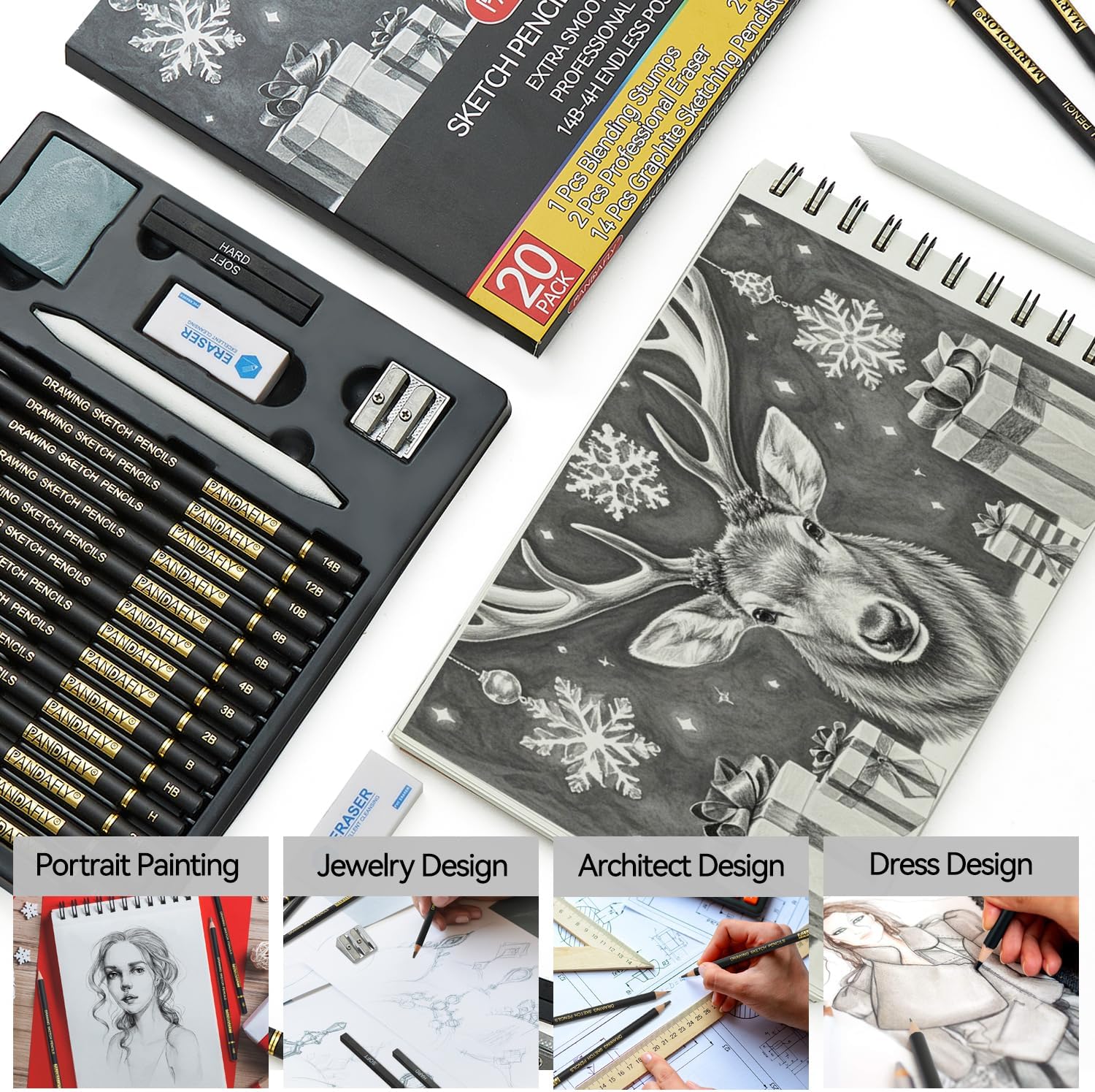 PANDAFLY 20-Piece Professional Sketch Pencil Set - Includes 4H to 14B Graphite Pencils, Charcoal Sticks, Vinyl Eraser, Kneaded Eraser, Sharpener, Blending Stump - Ideal for Artists and Beginners