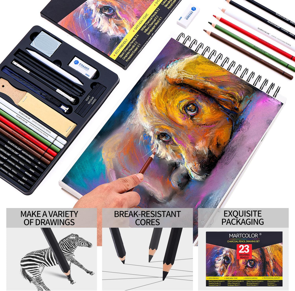Charcoal Drawing Set, Set of 23, Graphite Pencils, Black & White Charcoal Pencils for Drawing, Sketching, Shading, Blending, Artist Pencils for Beginners & Pro Artists ﻿
