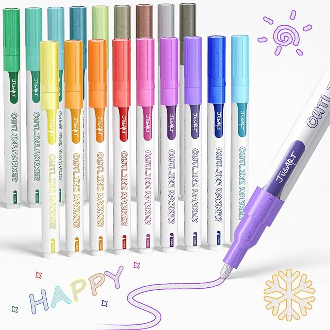 JusArt Outline Markers 18 Colors, Double Line Glitter Markers for Greeting Card Art Crafts, Girls Teens Stocking Stuffers Shimmer Markers, Metallic Sparkle Markers Painting Drawing Supplies
