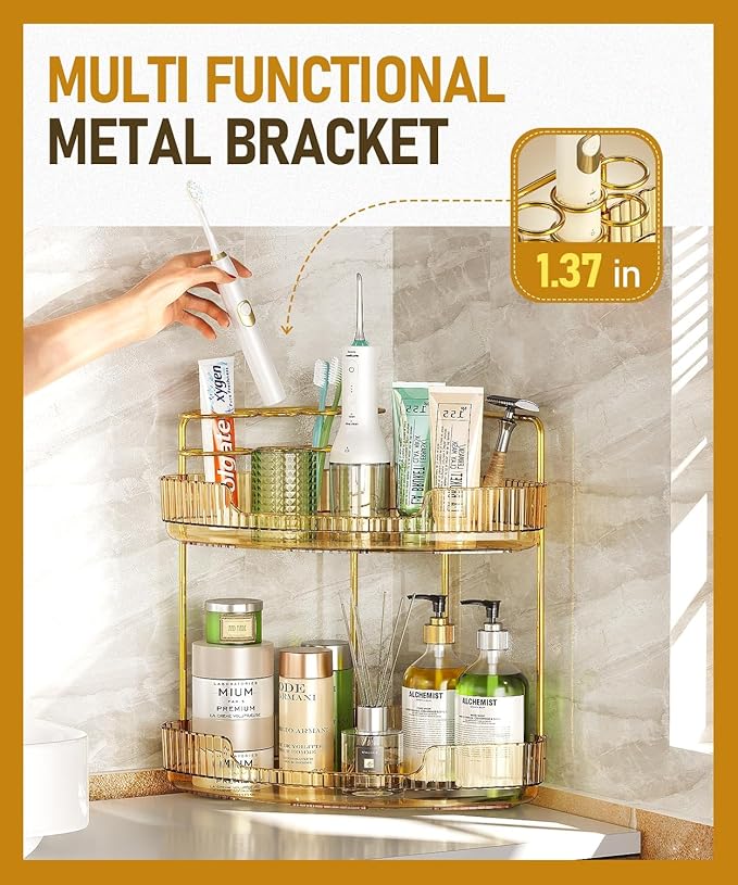2-Tier Corner Bathroom Counter Organizer Makeup Cosmetic Storage, Tool-Free Installation Acrylic Vanity Shelf, Skin Care Organizer Perfume Tray for Countertop Bathroom, Dresser, Kitchen (Gold)