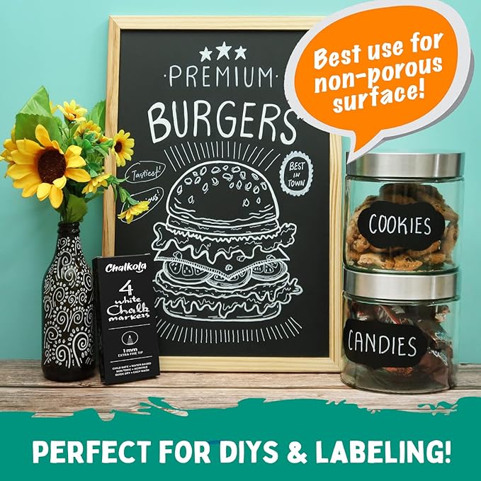 Extra Fine Tip White Chalk Markers (4 Pack 1mm Point) Chalk Pens - White Dry Erase Marker Pen for Blackboard, Chalkboards, Windows, Glass, Bistro, Signs