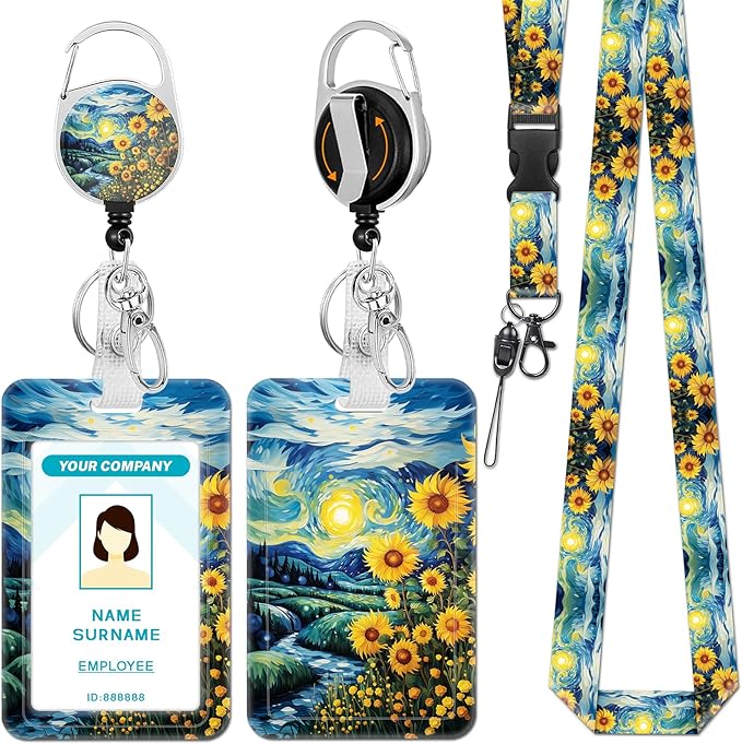 Sunflower Lanyards for Id Badges, Badge Holder with Retractable Reel Clip, Work Name Tags Keychain Lanyard with ID Holder, ID Card Protector Cover Case for Women Teacher Nurse Doctor Office