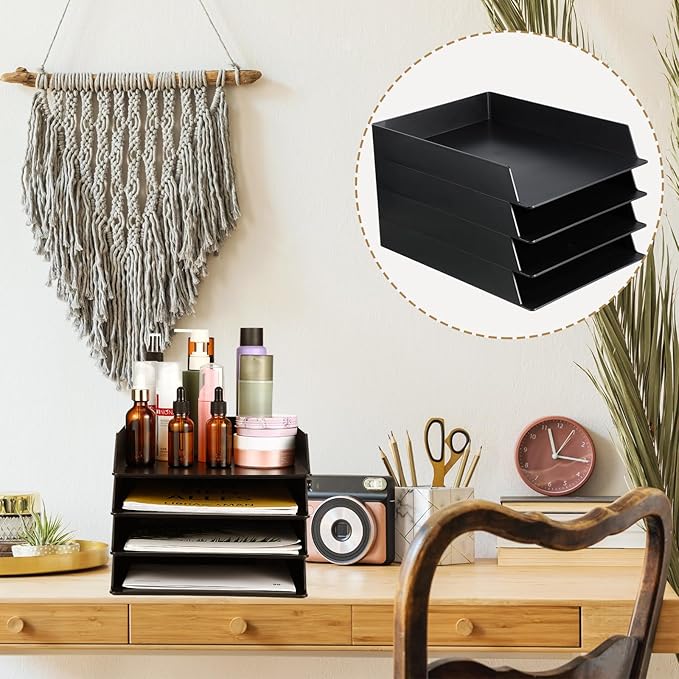 Wenqik 12 Pcs Stackable Paper Trays Rectangular Plastic Desk Tray Holder Desktop Document File Paper Organizer Plastic Storage Letter Tray for Office Classroom, Black